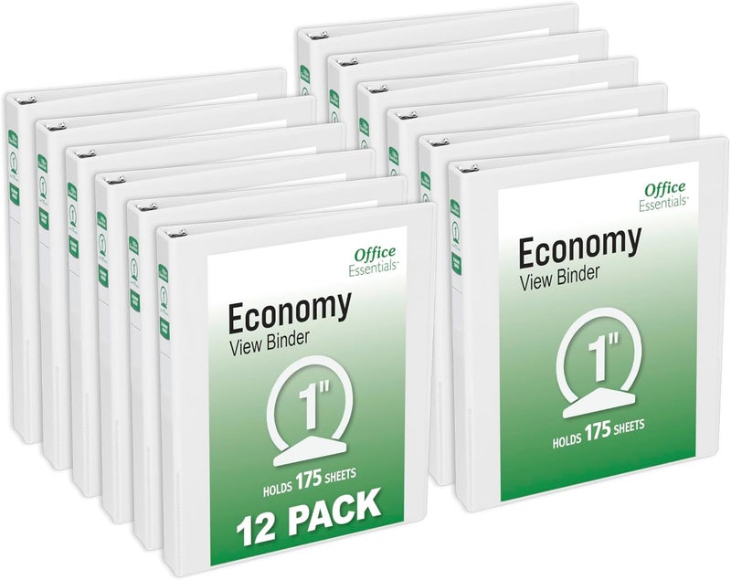 Office Essentials Economy View 3 Ring Binders, 1" Round Rings, 1.4" Spine, 175-Sheet Capacity, White Binders, Ideal for Occasional Use and Light Referencing (12-Pack of 03424) - Image 1